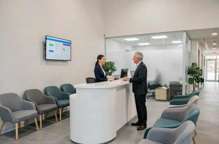 Réceptionniste accueillant un patient à l'entrée d'une clinique médicale moderne avec salle d'attente