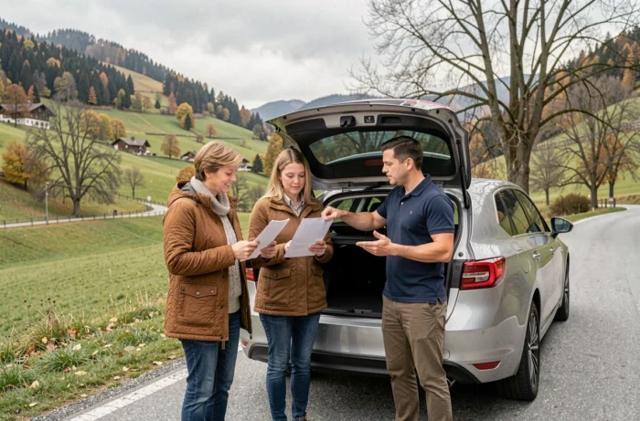 Couple et vendeur évaluant un véhicule d'occasion en plein air dans la campagne suisse en automne