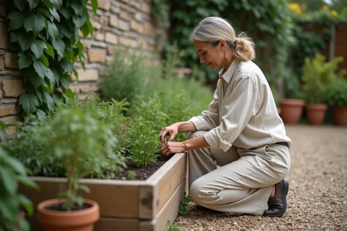 Femme aménageant un carré potager surélevé en bois dans un jardin avec des herbes aromatiques et des pots en terre cuite