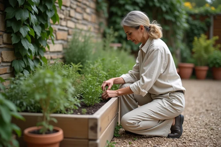 Femme aménageant un carré potager surélevé en bois dans un jardin avec des herbes aromatiques et des pots en terre cuite