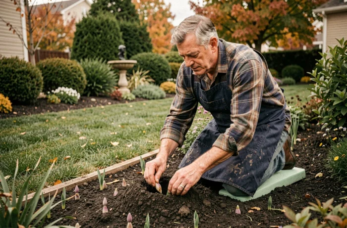 Homme qui plante des bulbes dans un parterre de fleurs bien entretenu dans un jardin résidentiel en automne