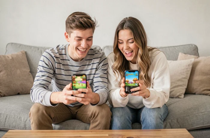 Deux amis riant ensemble en jouant à des jeux en ligne gratuits sur leurs smartphones dans un salon moderne