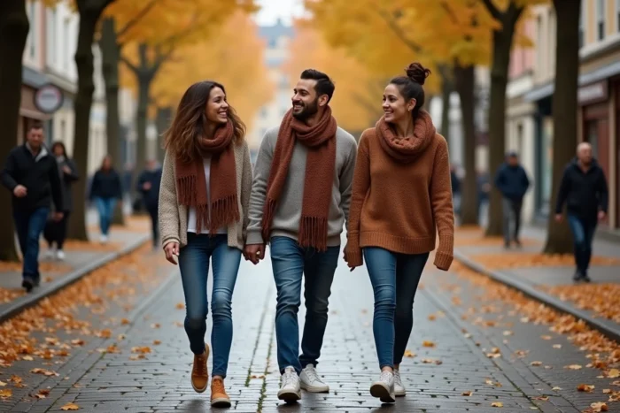 Trois amis marchant et riant sur un boulevard pavé français en automne illustrant la liberté et la joie du quotidien