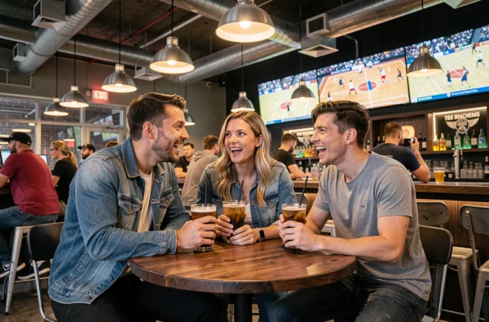Groupe d'amis regardant un match de basketball en streaming dans un bar sportif moderne