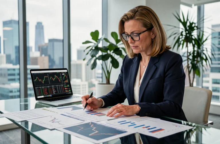 Femme cadre analysant des prévisions boursières Airbus sur des graphiques financiers dans un bureau moderne