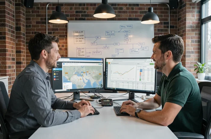 Deux analystes en supply chain comparant des interfaces de logiciels d'optimisation de livraison sur des écrans doubles