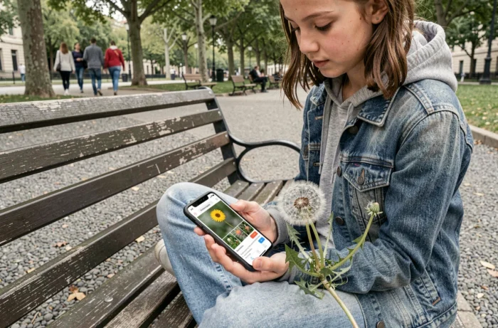 Adolescente utilisant une application gratuite de reconnaissance de plantes sur Android dans un parc urbain