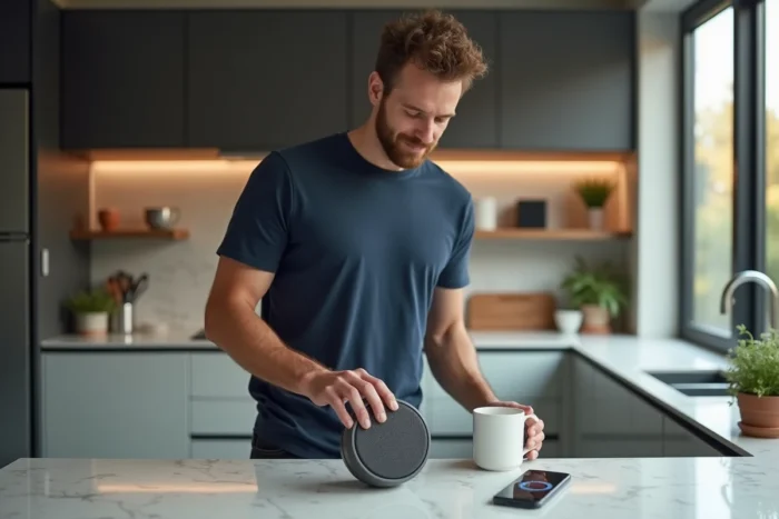 Homme configurant deux enceintes Bluetooth dans une cuisine moderne avec une application de couplage sur smartphone