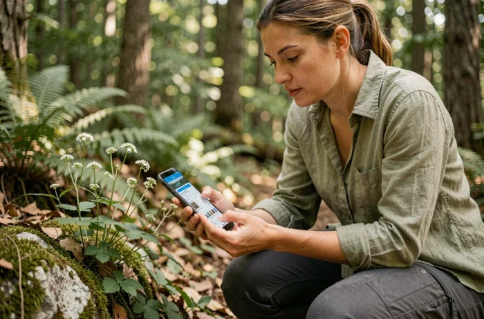 Femme utilisant une application Android pour identifier des plantes sauvages dans une forêt