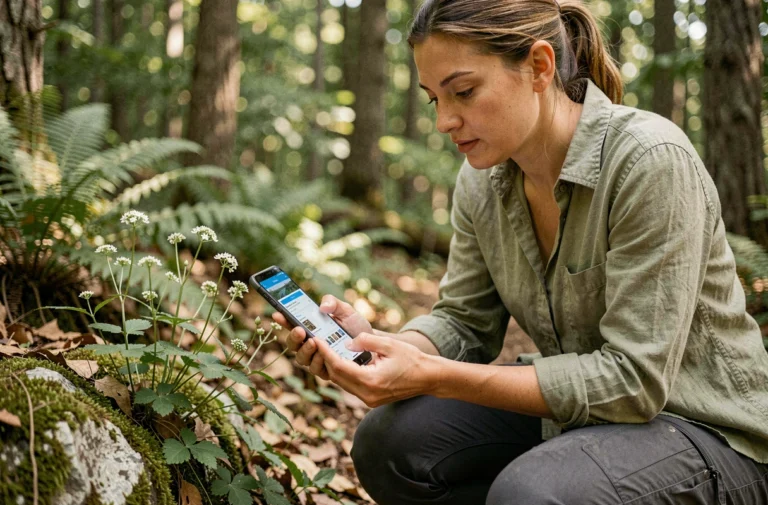 Femme utilisant une application Android pour identifier des plantes sauvages dans une forêt