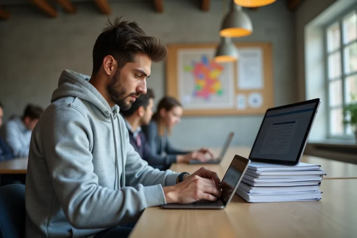 Apprenti en alternance vérifiant ses notes d'examen sur tablette dans un centre de formation professionnel en Normandie
