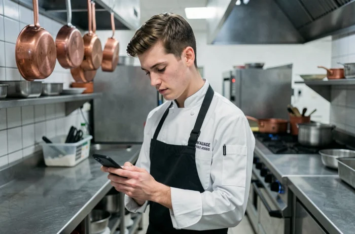 Apprenti cuisinier dans une cuisine professionnelle consultant son téléphone lors d'une réflexion sur la rupture de sa période d'essai