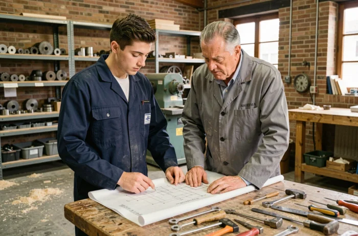 Jeune apprenti en atelier aux côtés de son maître artisan examinant un plan technique pendant la période d'essai en apprentissage