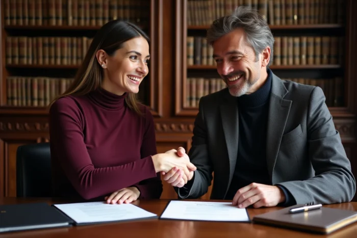 Deux associés signant un accord commercial dans un bureau juridique français, symbolisant la finalisation de la création d'une société en France