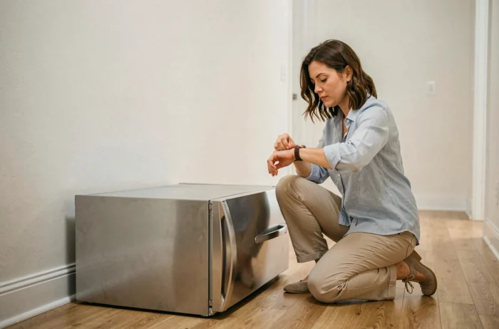 Femme vérifiant l'heure à côté d'un réfrigérateur couché horizontalement sur le sol d'un couloir d'appartement