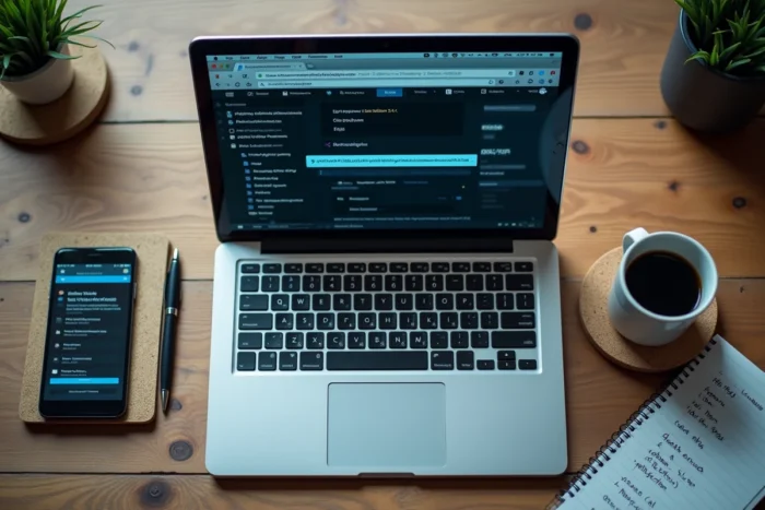 Vue aérienne d'un bureau avec laptop affichant un site miroir de streaming, smartphone avec VPN et notes manuscrites d'URLs