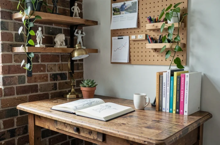 Coin bureau à domicile créatif avec bureau vintage, étagères en bois flottant, plantes suspendantes et accessoires en laiton pour une déco inspirante