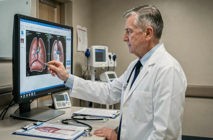 Cardiologue examinant des images cardiaques sur écran dans un cabinet médical moderne après pose de stent