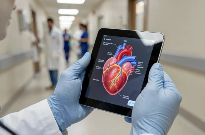 Mains de cardiologue tenant une tablette avec schéma du cœur et artères coronaires pour expliquer les risques du stent