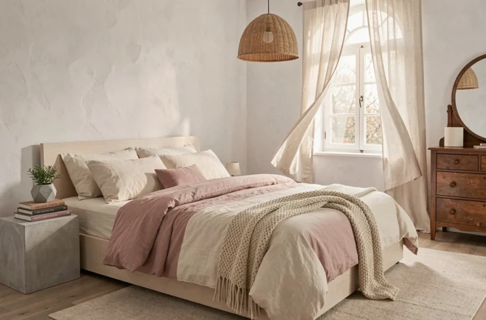 Chambre cocooning avec lit plateforme, linge de lit en coton bio ivoire et rose, plante en béton et rideaux en lin pour une déco chambre douce et tendance