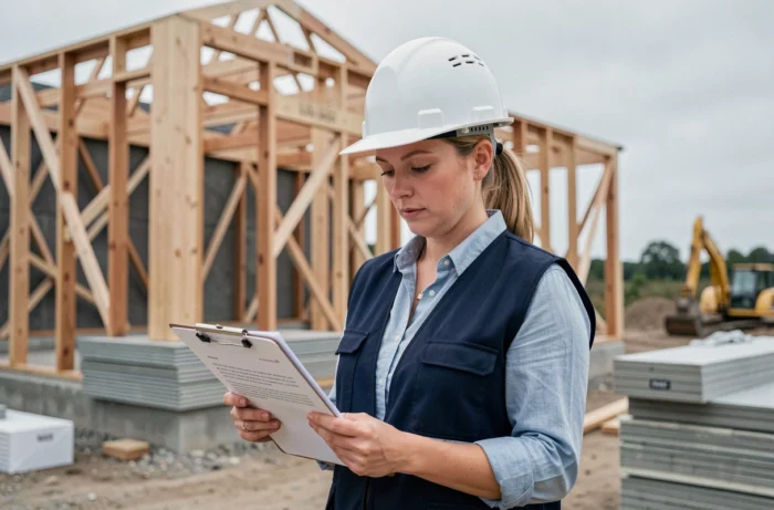 Chef de projet en gilet de sécurité sur un chantier résidentiel consultant des devis de construction sur un clipboard