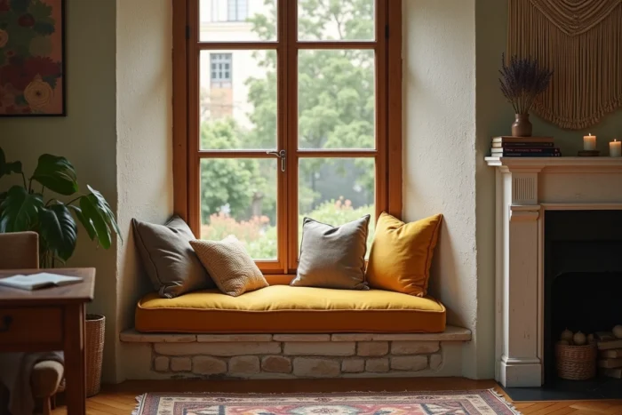 Coin lecture personnalisé avec banquette en velours moutarde, macramé et livres vintage dans une maison ancienne