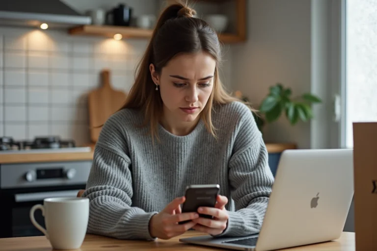 Femme frustrée vérifiant le suivi d'un colis Zara non livré sur son smartphone à la maison
