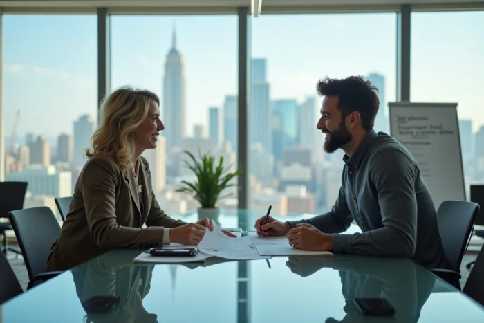 Deux professionnels collaborant sur un CV imprimé et un ordinateur portable dans une salle de réunion moderne, symbolisant les conseils pour booster sa recherche d'emploi
