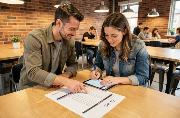 Deux collègues en espace de coworking analysant un relevé d'appels avec des numéros en 04 12 pour optimiser leur communication professionnelle
