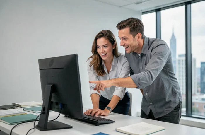 Deux collègues discutant d'une plateforme numérique mystérieuse devant un écran d'ordinateur dans un bureau moderne