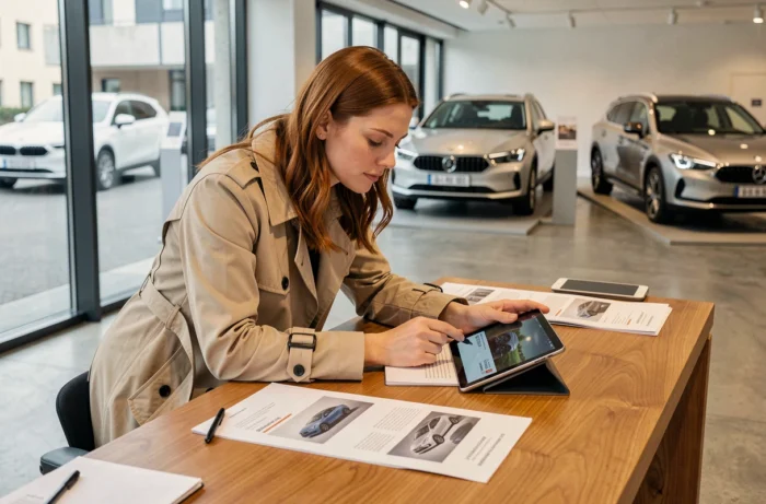 Femme comparant des offres de voitures dans un showroom automobile moderne en Suisse