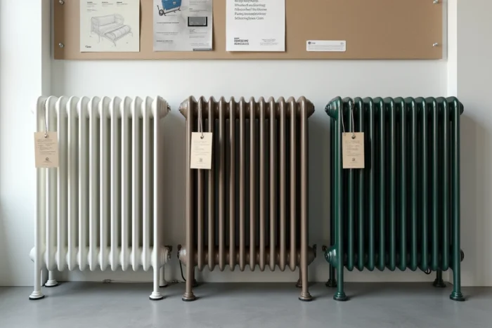 Comparaison de trois radiateurs électriques en fonte aux finitions différentes exposés dans un showroom spécialisé