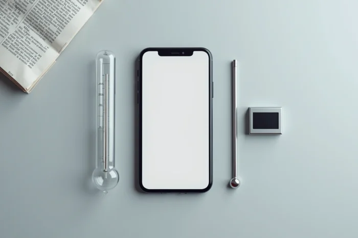 Vue de dessus comparant un iPhone avec application thermomètre, un thermomètre médical et un thermomètre numérique
