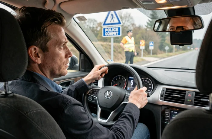 Conducteur au volant regardant son compteur de vitesse face à un contrôle policier sur route française