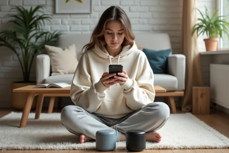 Jeune femme connectant deux enceintes Bluetooth simultanément via une application sur smartphone dans un salon moderne
