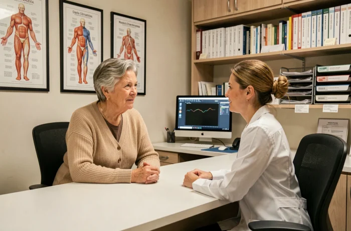 Consultation médicale entre un patient et un spécialiste pour une procédure d'hydrotomie percutanée