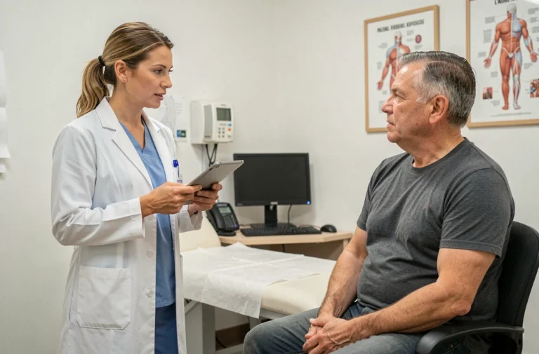 Médecin femme en consultation avec un patient dans une salle d'examen de clinique médicale moderne