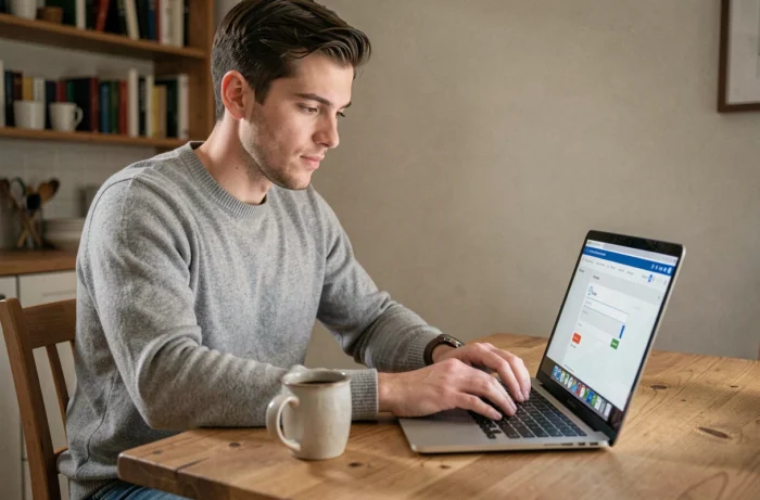 Jeune homme contactant le Réseau Éducation Suisse en ligne depuis son domicile pour une question éducative