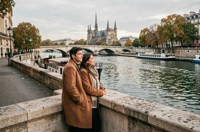 Couple au bord de la Seine à Paris en automne, pont historique et reflets sur l'eau, ambiance romantique