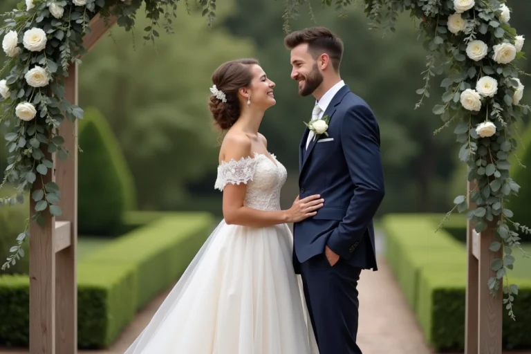 Couple de mariés riant sous une arche de roses blanches dans un jardin élégant lors d'une cérémonie de mariage en plein air