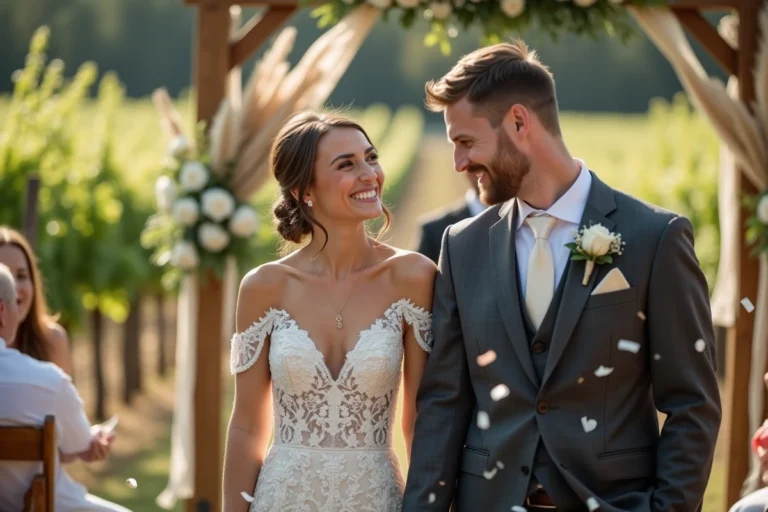 Couple de mariés souriant sous une pluie de confettis dans un vignoble rustique lors d'une cérémonie en plein air