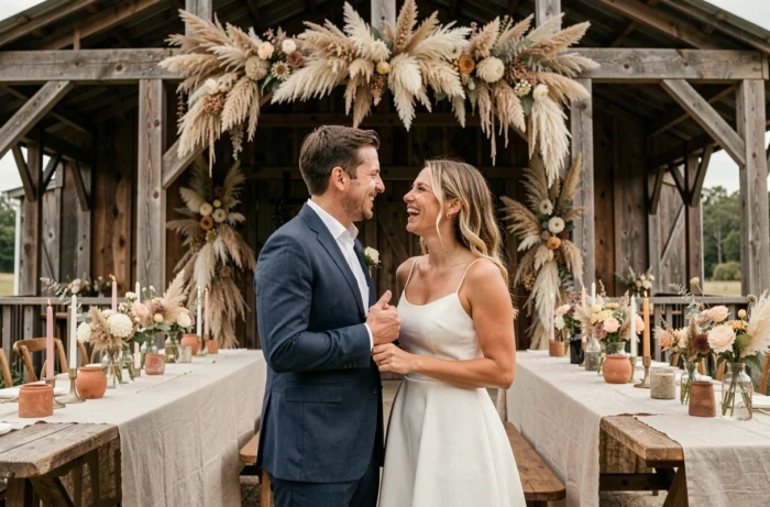 Couple de mariés riant lors d'une réception en plein air devant une grange rustique décorée de pampa et de tables en lin, mariage champêtre tendance 2024