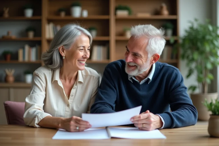 Couple de retraités souriants consultant des documents de retraite à leur table de cuisine en bois dans un intérieur chaleureux et moderne