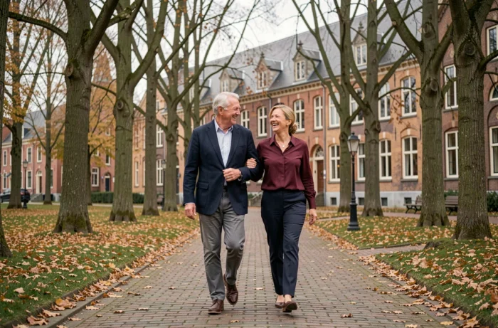 Couple de seniors belges se promenant dans un parc en automne à Gand
