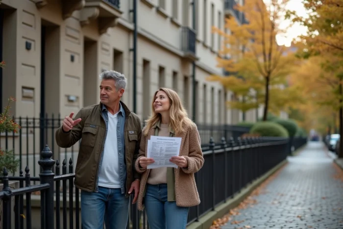 Couple visitant un immeuble résidentiel en pierre pour un investissement immobilier dans un quartier européen