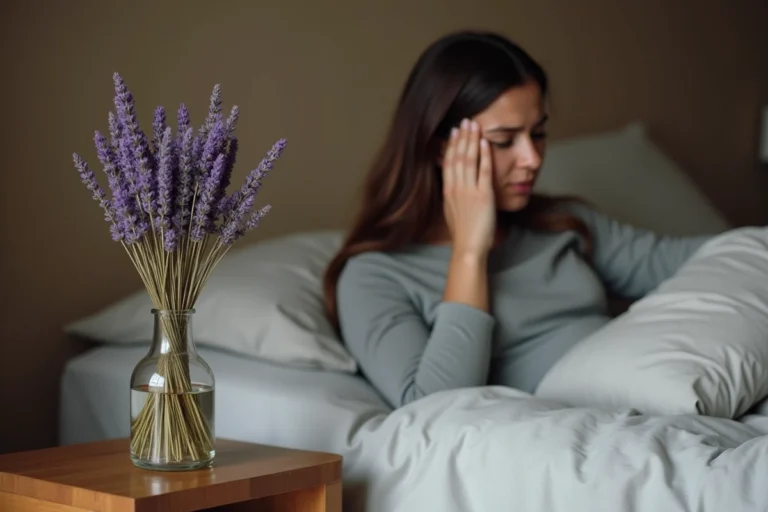 Femme assise dans son lit avec un mal de tête à côté d'un vase de lavande séchée sur la table de nuit