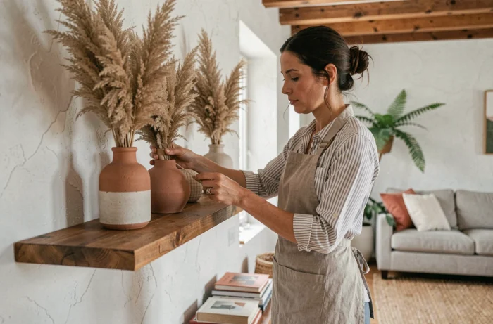 Femme arrangeant une étagère décorative avec des vases en céramique et herbes de la pampa dans un salon scandinave chaleureux