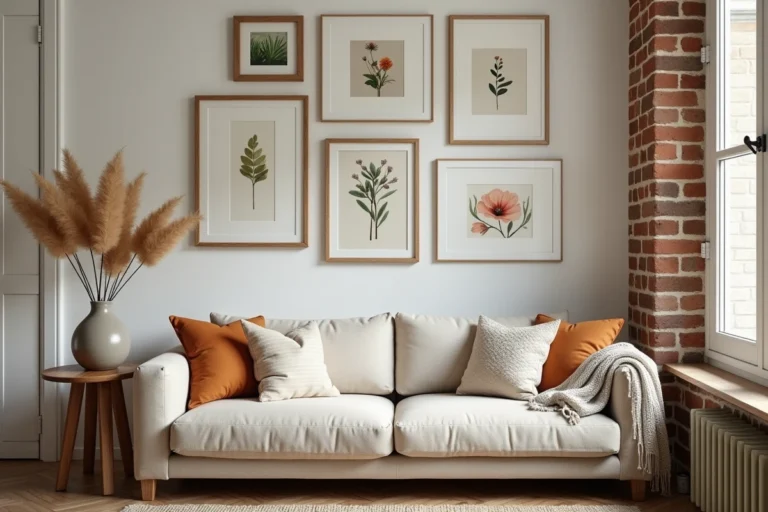 Salon décoré avec un mur de cadres personnalisés, coussins brodés et plantes séchées dans un appartement parisien moderne