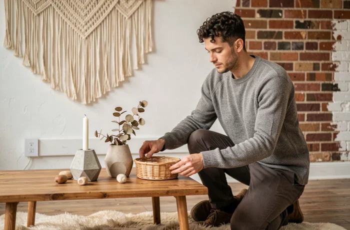 Homme arrangeant des objets décoratifs bohèmes sur une table basse en bois dans un appartement moderne avec mur en brique