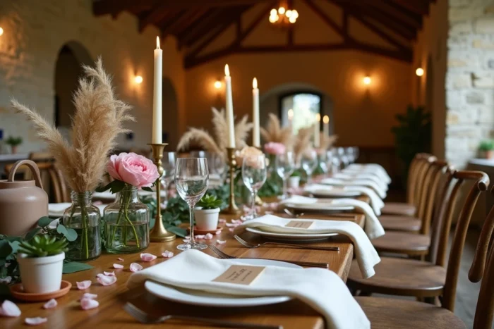 Décoration de table de mariage champêtre avec pivoines, couverts dorés et accessoires artisanaux dans une grange en pierre